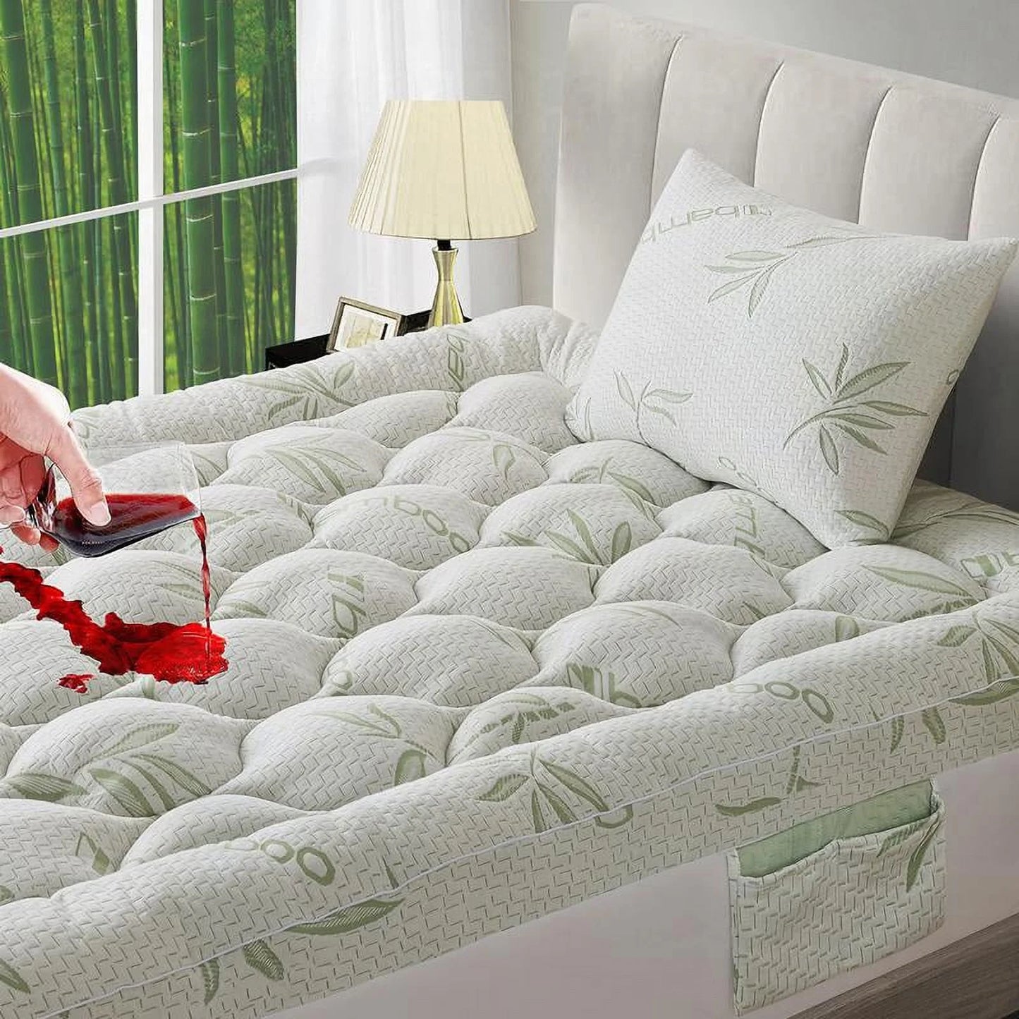 ZuoZuoMing Bamboo Mattress Topper 1000GSM with 1 Pillow Protector& Eye Mask, Side Pocket, Waterproof Mattress Protector, Cooling Extra Thick Breathable Mattress Pad Cover,8-21° Deep
