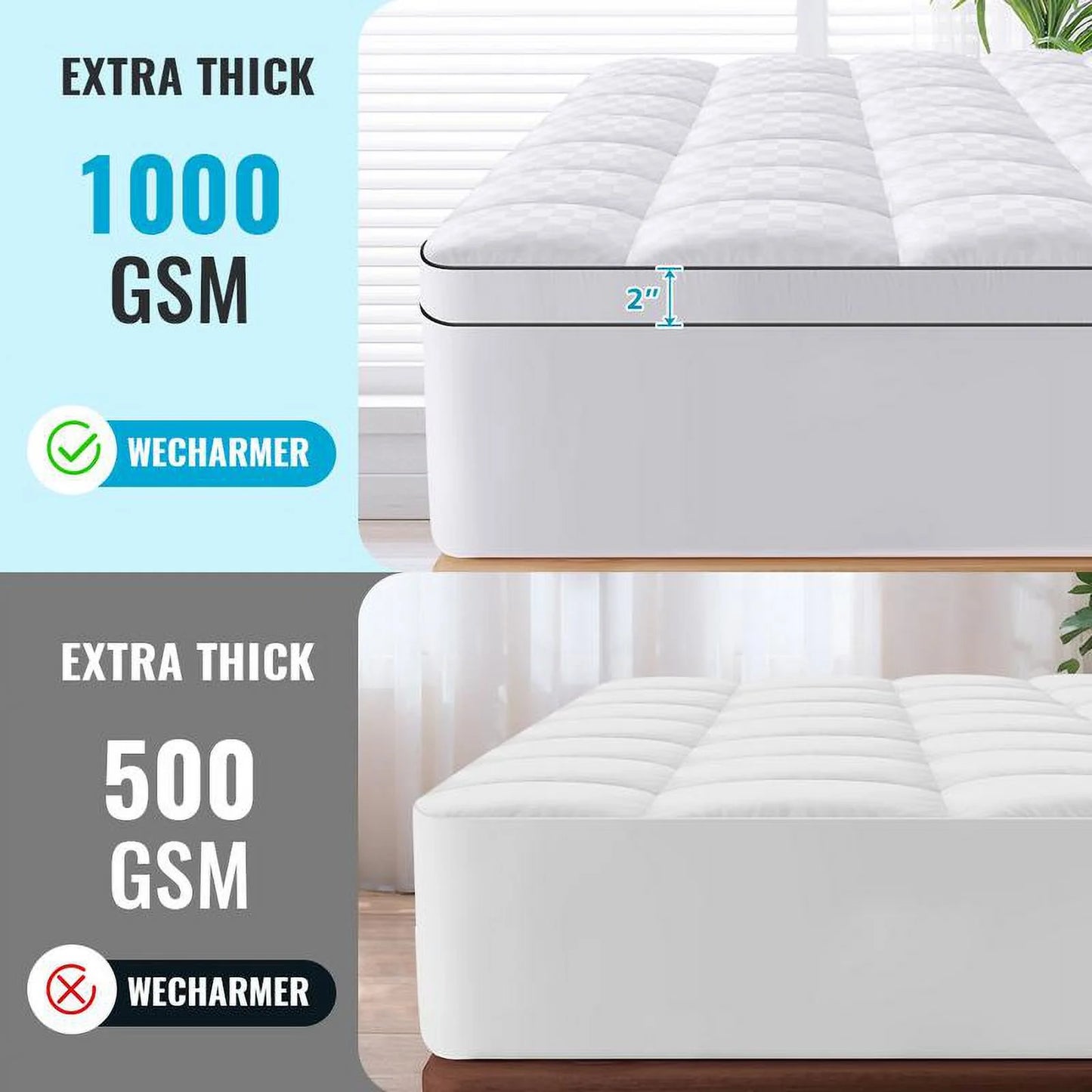 Longqi Extra Thick Mattress 1000 GSM Topper, Down Alternative Overfill Plush Mattress Pad, Cooling Pillow Top with 8-21Inch Deep Pocket