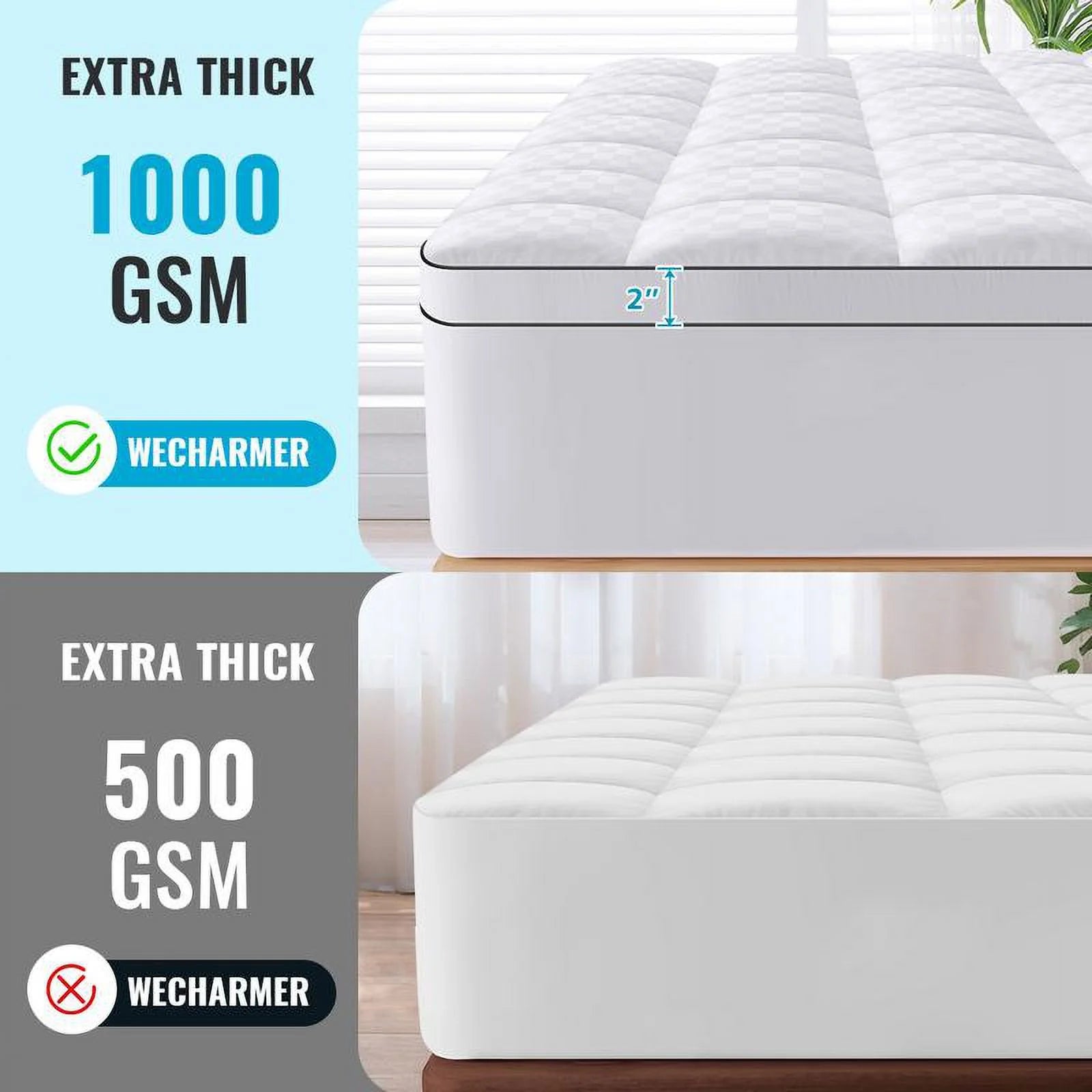 Longqi Extra Thick Mattress 1000 GSM Topper, Down Alternative Overfill Plush Mattress Pad, Cooling Pillow Top with 8-21Inch Deep Pocket