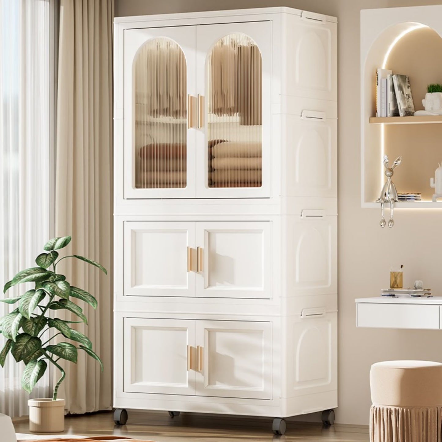 PORKISS Portable Wardrobe Closet, Folding Bedroom Armoire with Wheels, Plastic Storage Basket Can be Freely Combined (1 Layer of Wardrobe + 2 Layers of Folding Boxes+10 Hangers), Cream White-57.09"H