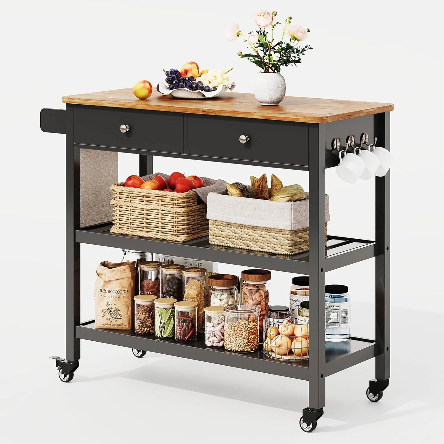 AIZYT Kitchen Island Cart with Storage, 40° Wooden Top, 2 Tiers Spacious Shelves and Towel Bar, 2 Drawer Mobile Trolley Cart On Metal Wheels with Hooks for Dining Room, Bar, Outdoor, Black