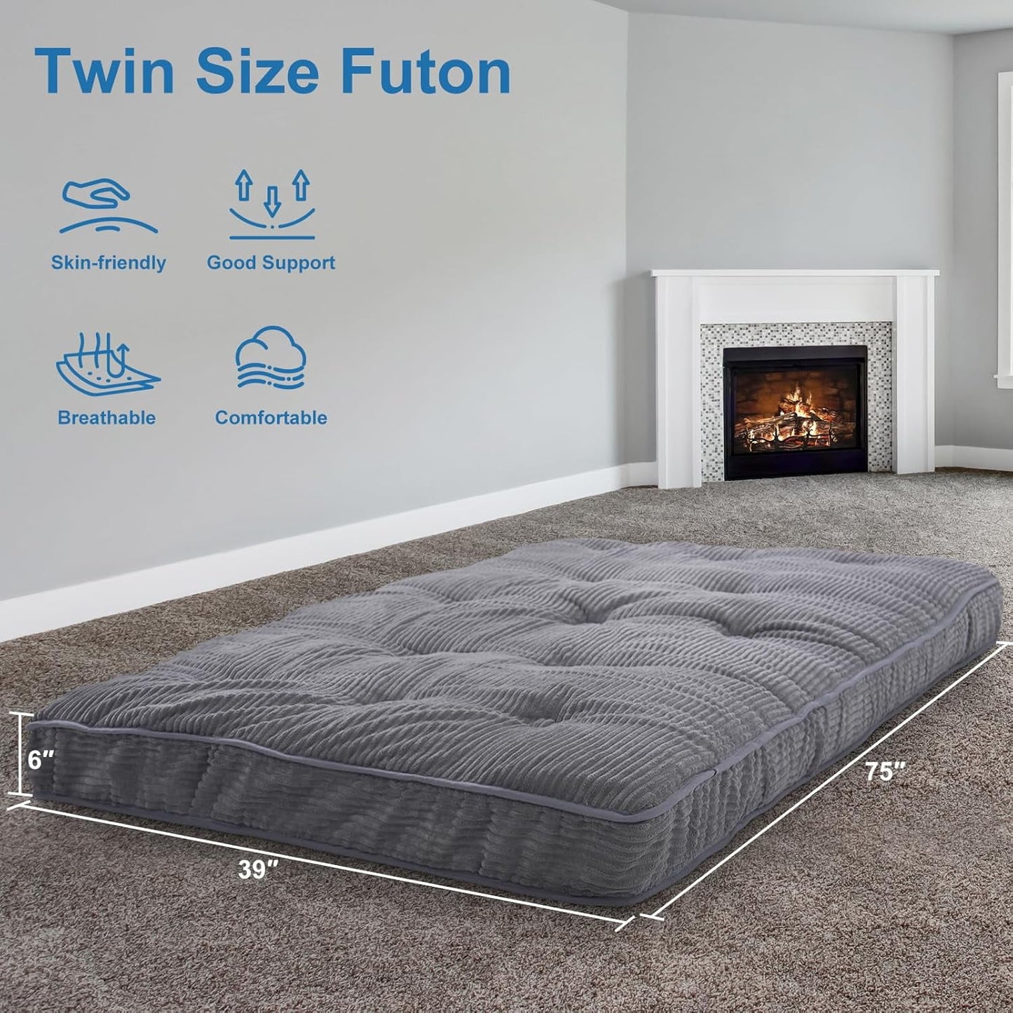 Slsy 6" Daybed Futon Mattress Memory Foam Futon Mattress, Thick Folding Sleeping Pad Breathable Floor Mattress for Adults, 5-Layer Foam Filling (Frame Not Included)