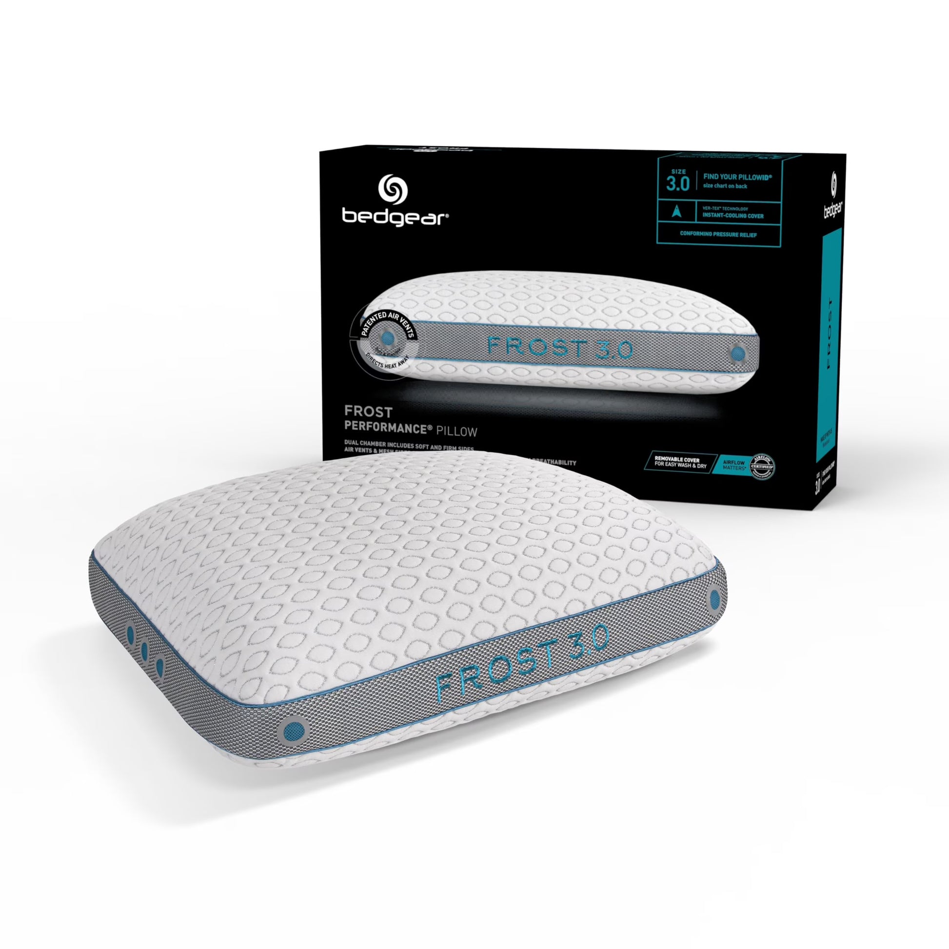 Bedgear Frost Performance Pillow - Size 3.0 - Cooling Bed Pillow for Hot Sleepers - Medium Firmness Pillow for All Sleep Positions, Hypoallergenic, Washable & Removable Cover