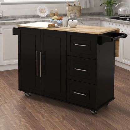 Tcbosik Kitchen Cart Rolling Storage Islands on wheels, Kitchen Cart with Drawers, Spice Rack, Towel Rack, Extensible Solid Wood Table Top, Black