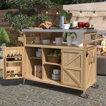 Outdoor Kitchen Island with Rolling Bar Cart and Storage Cabinet, Farmhouse Solid Wood Outdoor Grill Table with Stainless Steel Top, Spice Rack and Towel Rack for Kitchen & BBQ, Natural