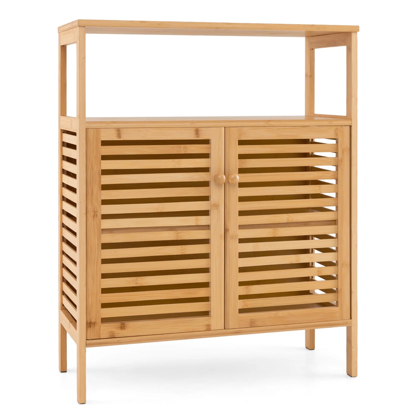 Gymax Bathroom Floor Cabinet Freestanding Bamboo Storage Organizer w/Double Shutter Doors