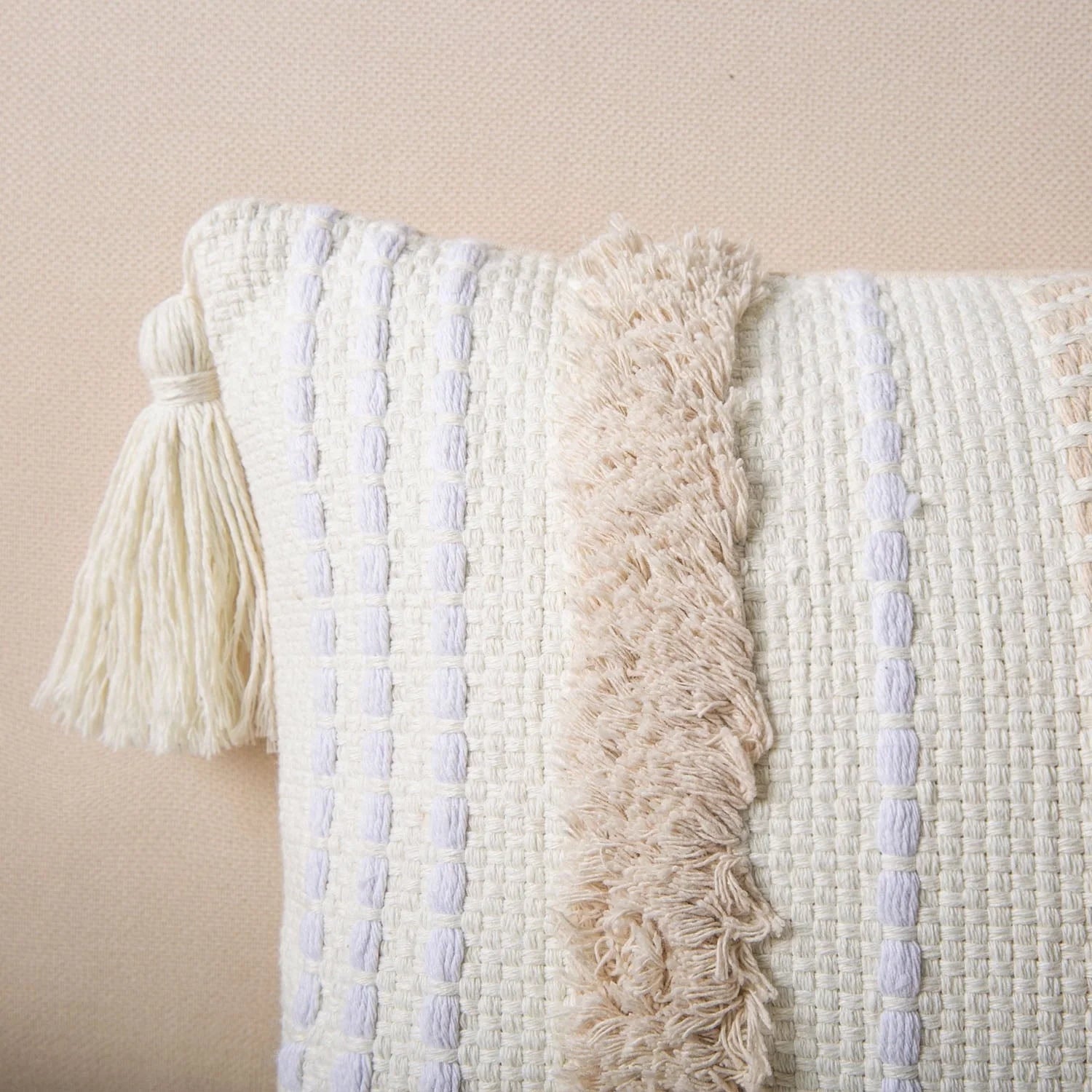 Phantoscope Boho Woven Tufted with Tassel Series Decorative Throw Pillow, 18" x 18", Cream White Stripe, 1 Pack