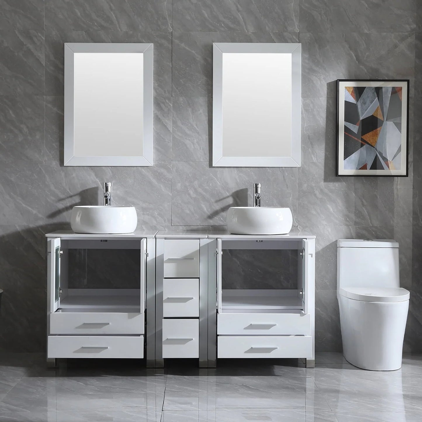 Wonline 60" Bathroom Vanity Wood Cabinet Double Ceramic Sink w/Mirror White
