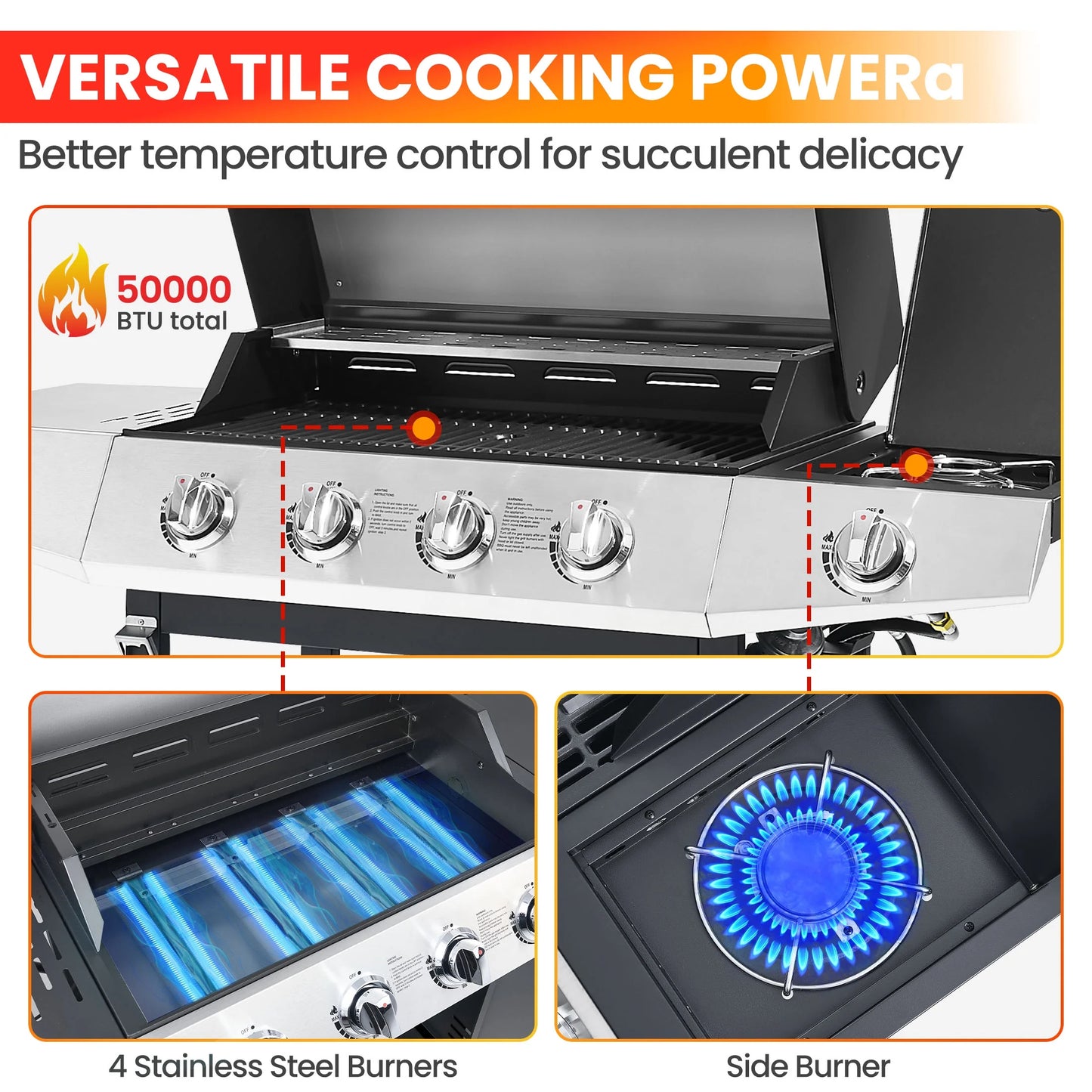 Segmart 4 Burner BBQ Propane Gas Grill with Side Burner, Stainless Steel 50,000 BTU Patio Barbecue Grill with Shelf, Gas Tank Hook, Towel Rack & Bottle Opener, Fits for Camping, Outdoor Cooking