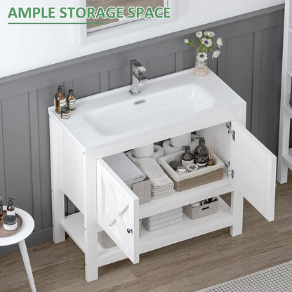 DreamCurship Bathroom Vanity with Sink Combo, 35'' Bathroom Storage Cabinet with Storage, Farmhouse Bathroom Vanity Cabinet with 2 Doors and Open Shelf, White