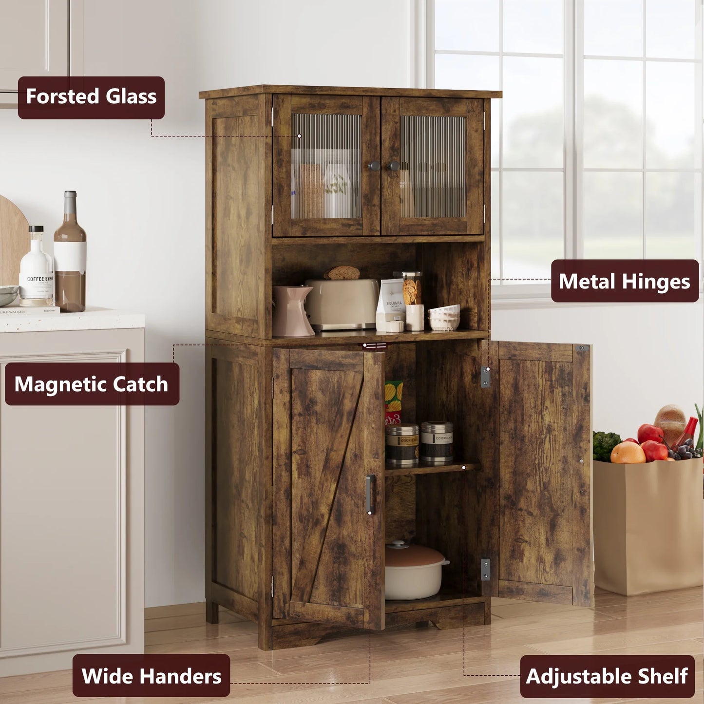 Kitchen Pantry Storage Cabinet with Doors and Shelves, 50.4" Freestanding Pantry Cabinets, Wooden Cupboard, Large Floor Cabinet for Bathroom, Kitchen, Dining Room, Living Room, Rustic Brown