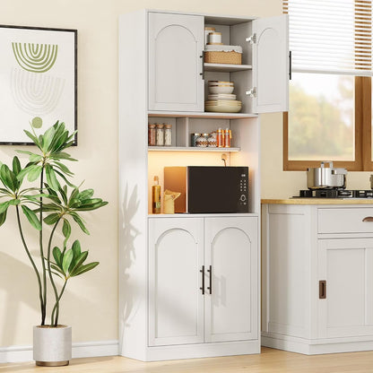 71° Tall Kitchen Pantry Storage Cabinet with Microwave Shelf and LED Light, Storage Cabinet with Door and Shelve, Hutch Cabinet with Storage for Dining Room, Living Room, Bathroom, White