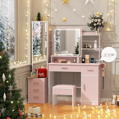 Vanity Table Set with Lighted Mirror,Makeup Dressing Table with 10 Light Bulbs and Touch Switch, 2 Large Drawers and Cushioned Stool for Women Girls Fit Bedroom, Bathroom (White)