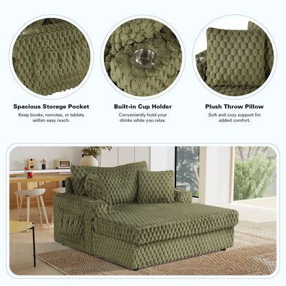 Aukfa Oversized Chaise Lounge Loveseat Couch with 2 Cup Holders& Throw Pillows, Fluffy Corduroy, Olive Green