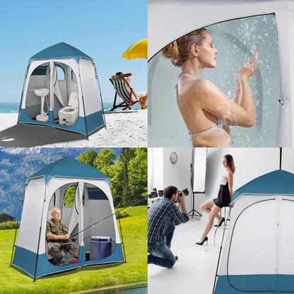 2 Rooms Camping Shower Tent, 7.5 FT Outdoor Pop up Changing 2 Room, Instant Extra Wide Privacy Shelter for Camping Dressing Toilet Bathroom with Carry Bag, Blue & White