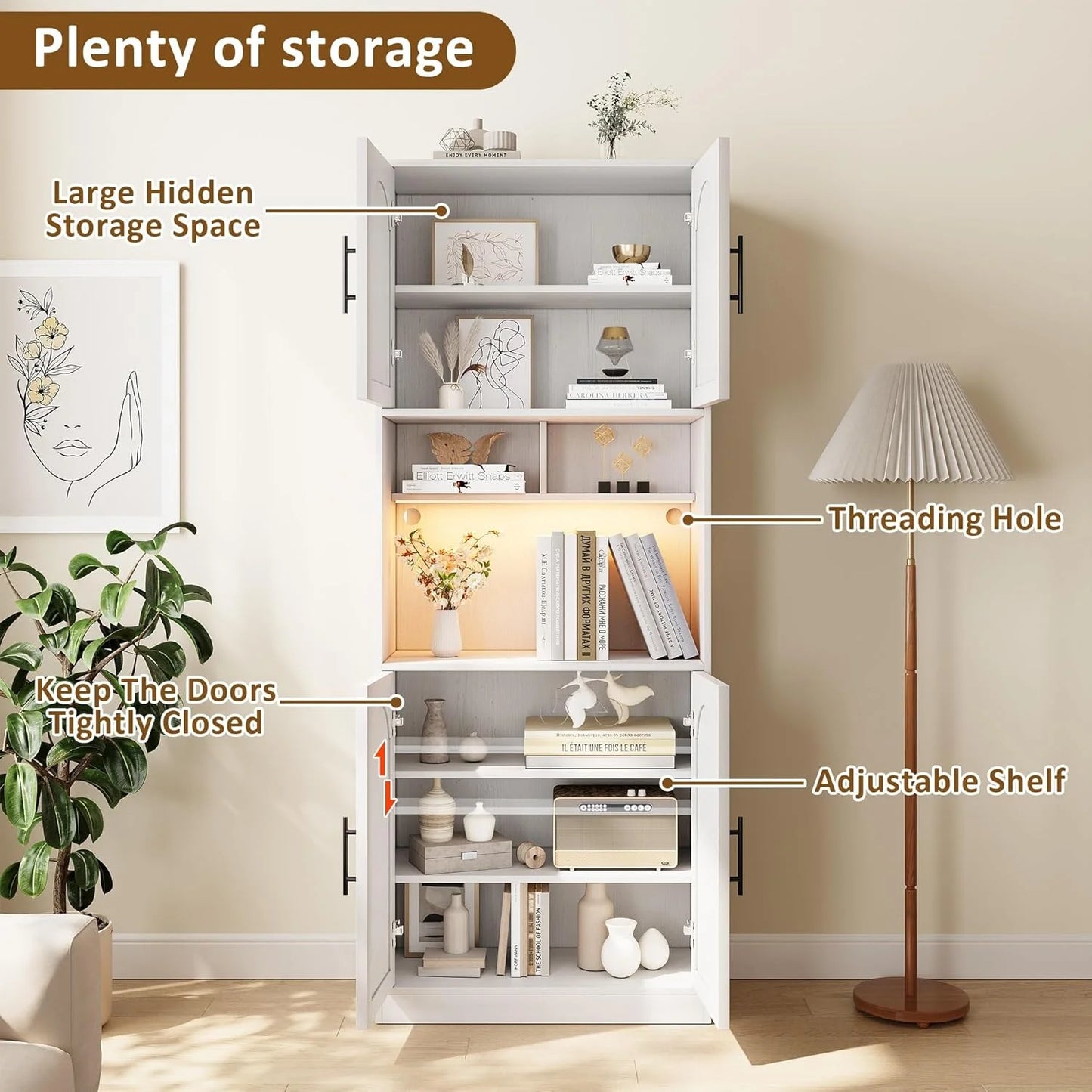 71° Tall Kitchen Pantry Storage Cabinet with Microwave Shelf and LED Light, Storage Cabinet with Door and Shelve, Hutch Cabinet with Storage for Dining Room, Living Room, Bathroom, White