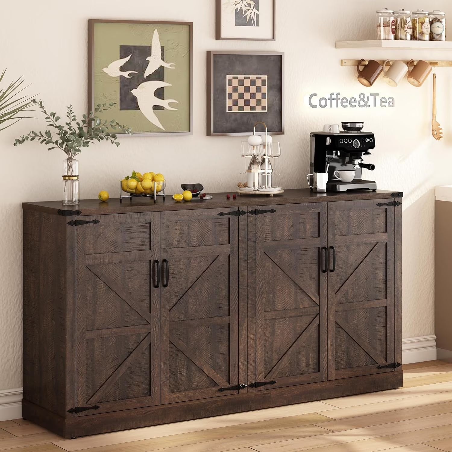 71" Tall Farmhouse Kitchen Pantry Cabinet, 5 Layers Storage Cabinet with Adjustable Shelves, Farmhouse Pantry Cabinet with 4 Barn Doors for Kitchen, Dining Room, Bathroom, Living Room, Rustic White