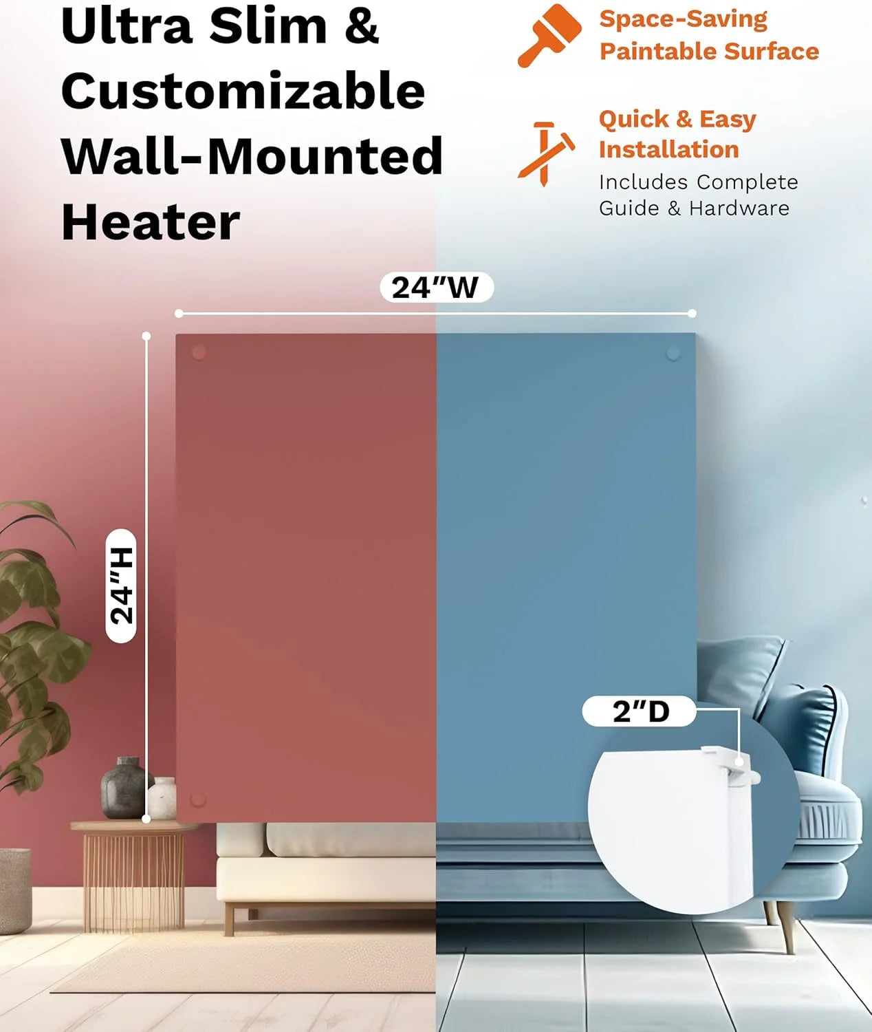 Amaze Heaters Dual Smart 400W Energy Efficient Space Heater w/Heat Guard & Wall Mount Kit - 24°x24° Paintable & Silent Indoor Electric Heater - For Up to 160 sq ft Rooms Such as Bedroom & Bathroom