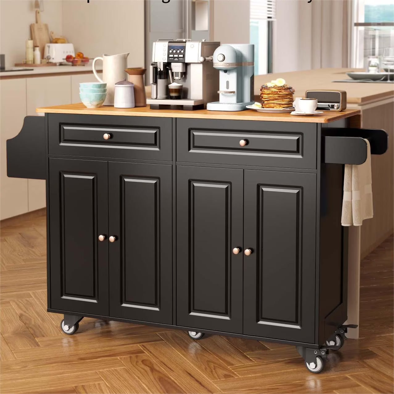 Lofka Kitchen Islands Carts with Storage, 52° kitchen Islands with 2 Storage Cabinet, Spice Rack, Towel Rack, Brown