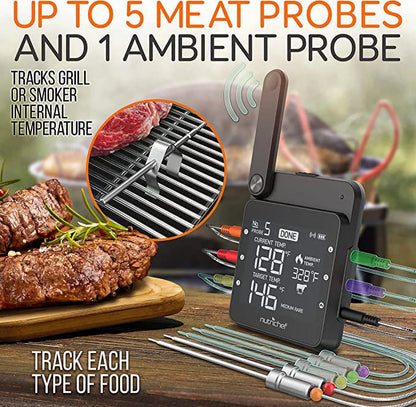 NutriChef Wi-Fi Grill Meat Thermometer Wireless Dual Smart Probes, Alarm Indoor from Outdoor, Black