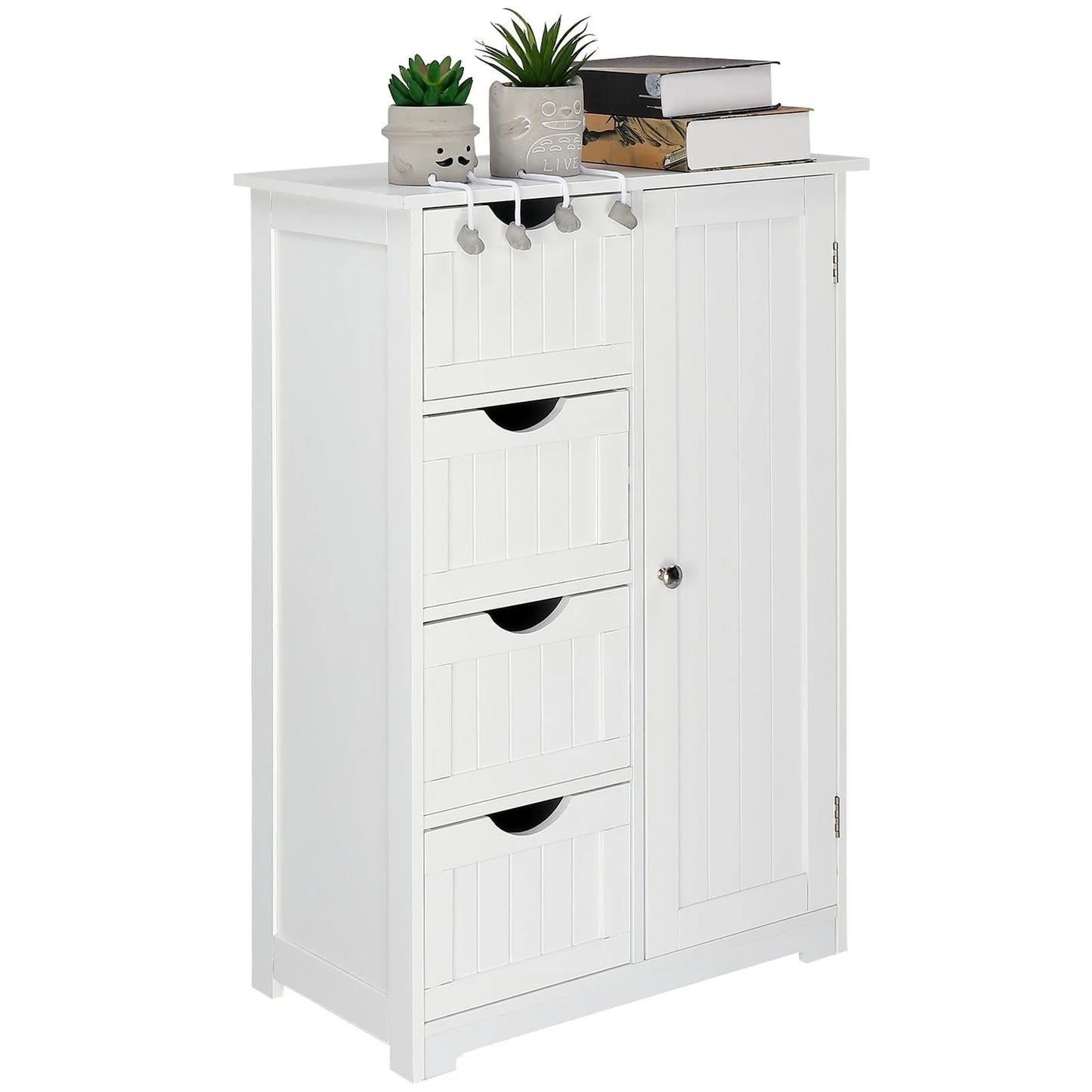 Ktaxon Wooden Bathroom Floor Cabinet,Side Storage Organizer Cabinet with 4 Drawers,1 Cupboard & 2-Shelves,MDF,White