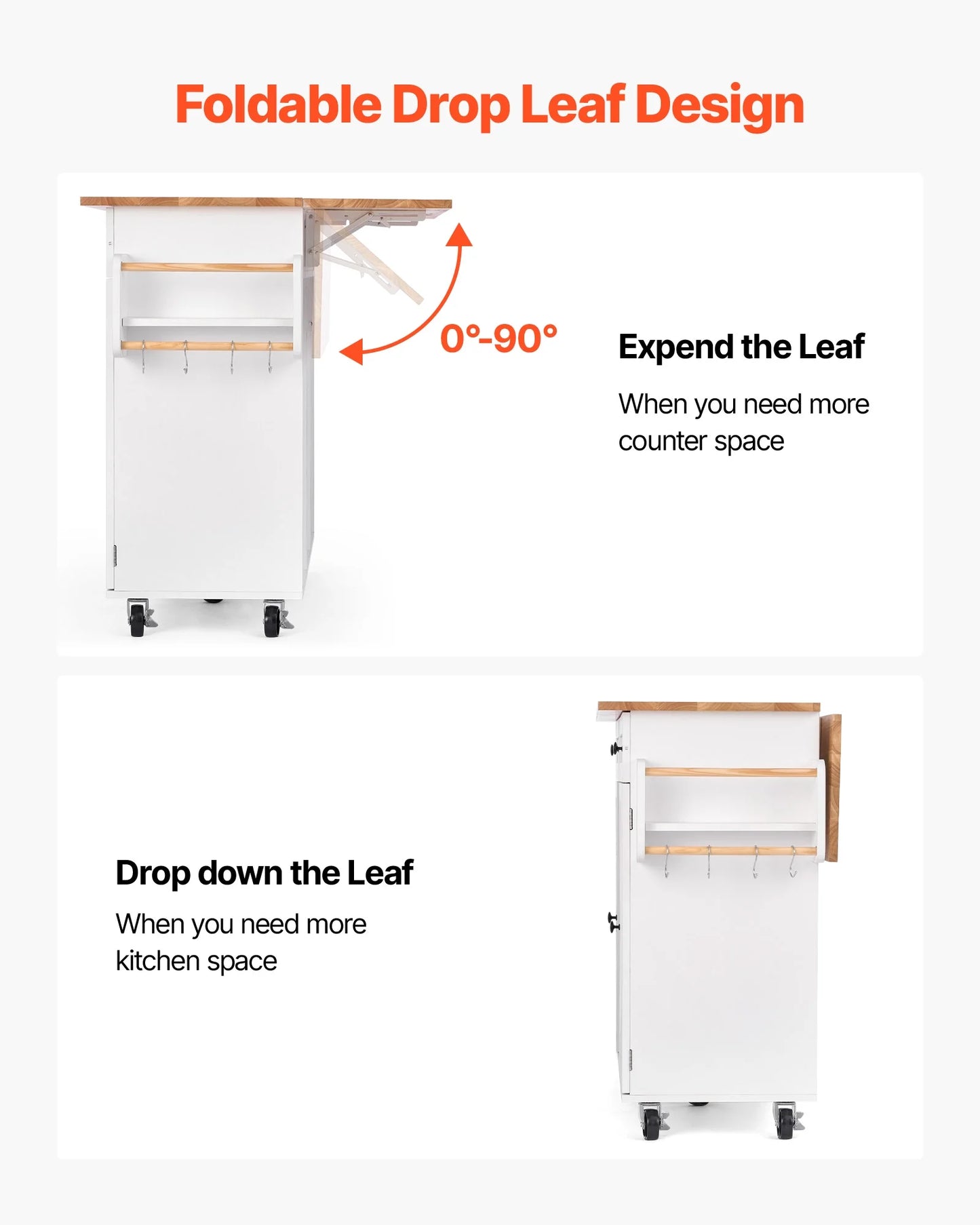 VEVOR Kitchen Island Cart, with Solid Wood Top and Storage Cabinet, Mobile Rolling Table with Drop Leaf,Drawers, Spice Towel Rack,Portable Islands on Swivel Wheels for Dining Room,52in Width,White