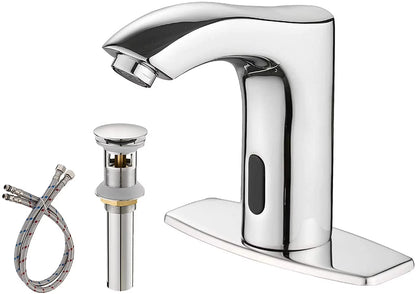 BWE Automatic Sensor Commercial Touchless Bathroom Sink Faucet Chrome with Hole Cover Deck Plate Motion Activated Hands Free with Pop Up Drain with Overflow Lead Free Hot and Cold Mixer