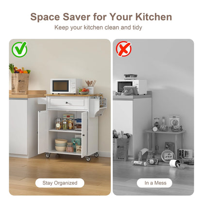 Kitchen Island with Storage on Wheels, Microwave Cart with Spice Rack, Towel Rack & Drawer, White
