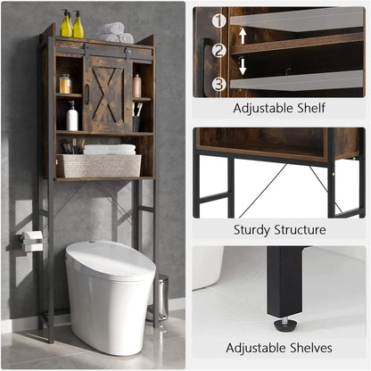 PWFE Farmhouse Over Toilet Bathroom Organizer, Freestanding Over The Toilet Storage Cabinet with Sliding Barn Door, Bathroom Space Saver Toilet Stands(Tan with metal frame)