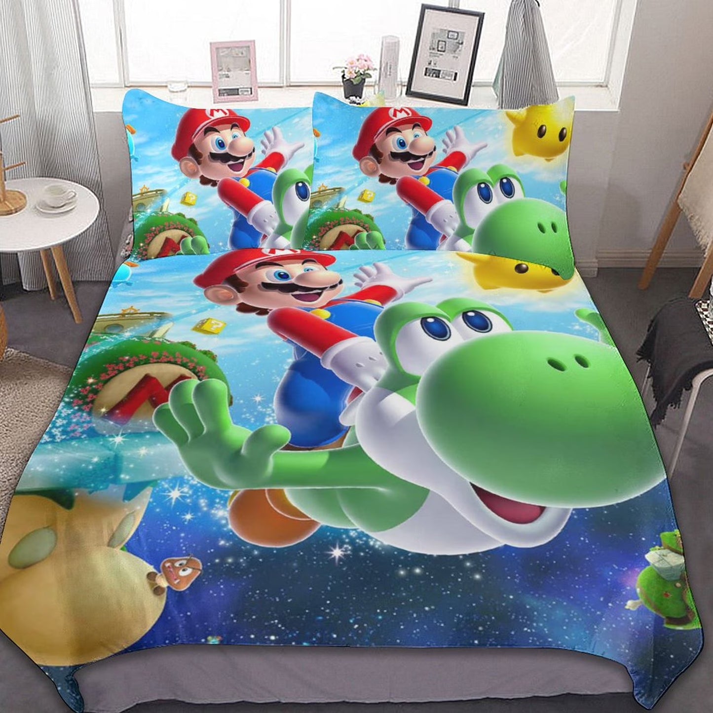 Super Mario Galaxy 3 Piece Bedding Sets Decor Comforter Sets With One Duvet Cover Two Pillow Shams