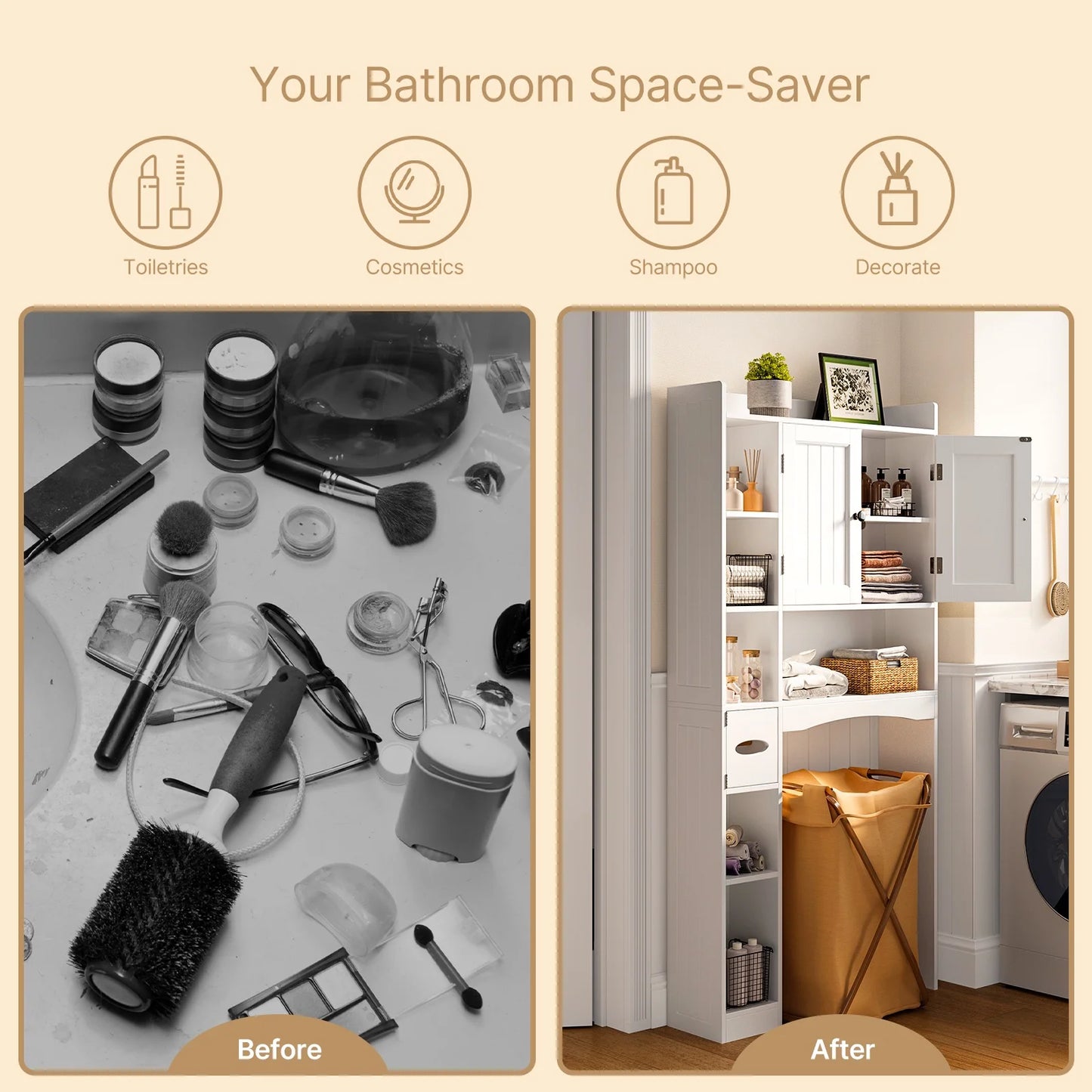 Over the Toilet Storage Cabinet , Bathroom Cabinet with 6 Open Shelves & Waterproof Tissue Holder - Upgraded White