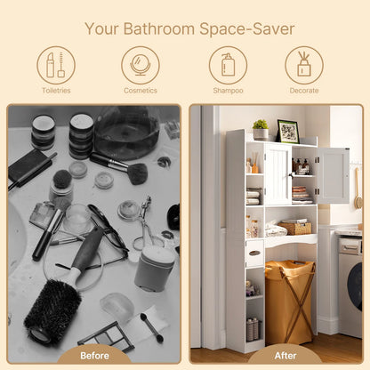 Over the Toilet Storage Cabinet , Bathroom Cabinet with 6 Open Shelves & Waterproof Tissue Holder - Upgraded White