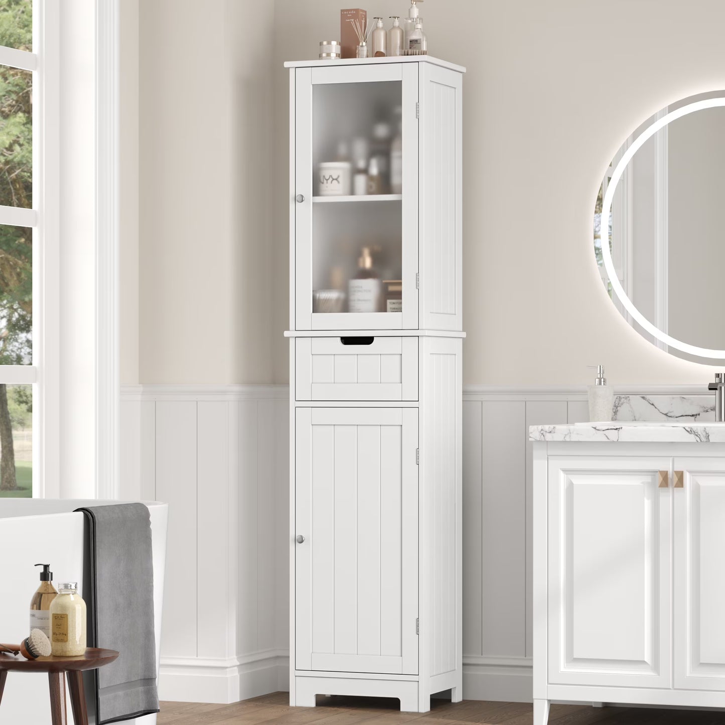 Homfa Bathroom Storage Tower, Narrow Linen Cabinet with Door and Drawers, Tall Bathroom Storage Cabinet for Small Spaces, White