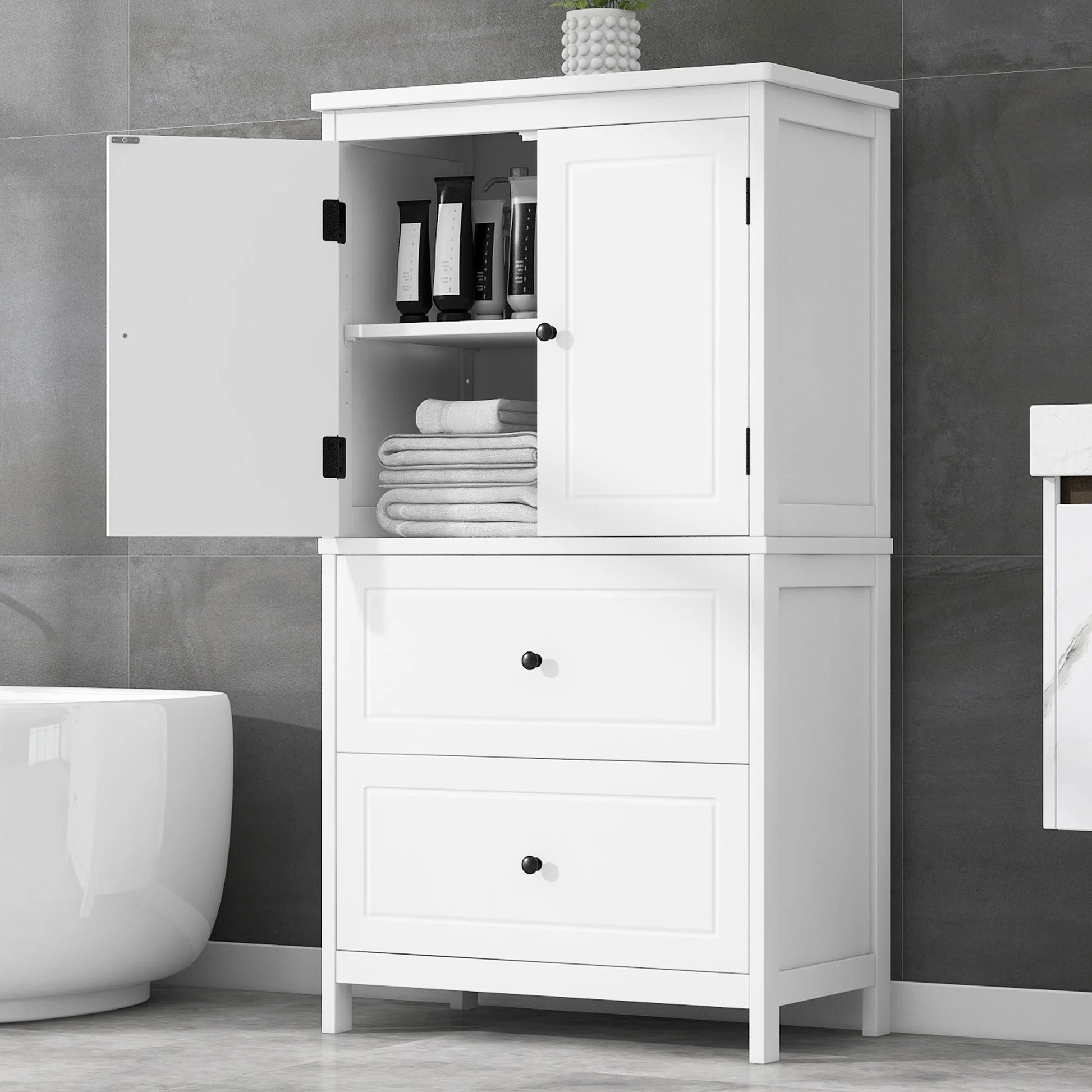 EUROCO Bathroom Floor Storage Cabinet,Bathroom Storage Unit,Freestanding Cabinet with 2 Drawers and 2 Doors,Adjustable Shelf,11.8 x 23.6 x 43.3 Inches,White