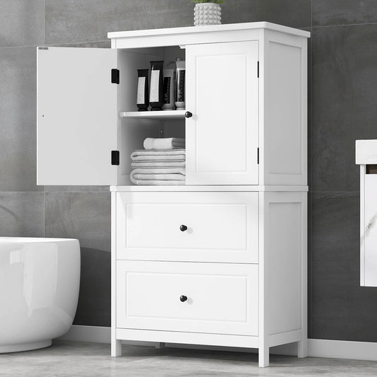 EUROCO Bathroom Floor Storage Cabinet,Bathroom Storage Unit,Freestanding Cabinet with 2 Drawers and 2 Doors,Adjustable Shelf,11.8 x 23.6 x 43.3 Inches,White