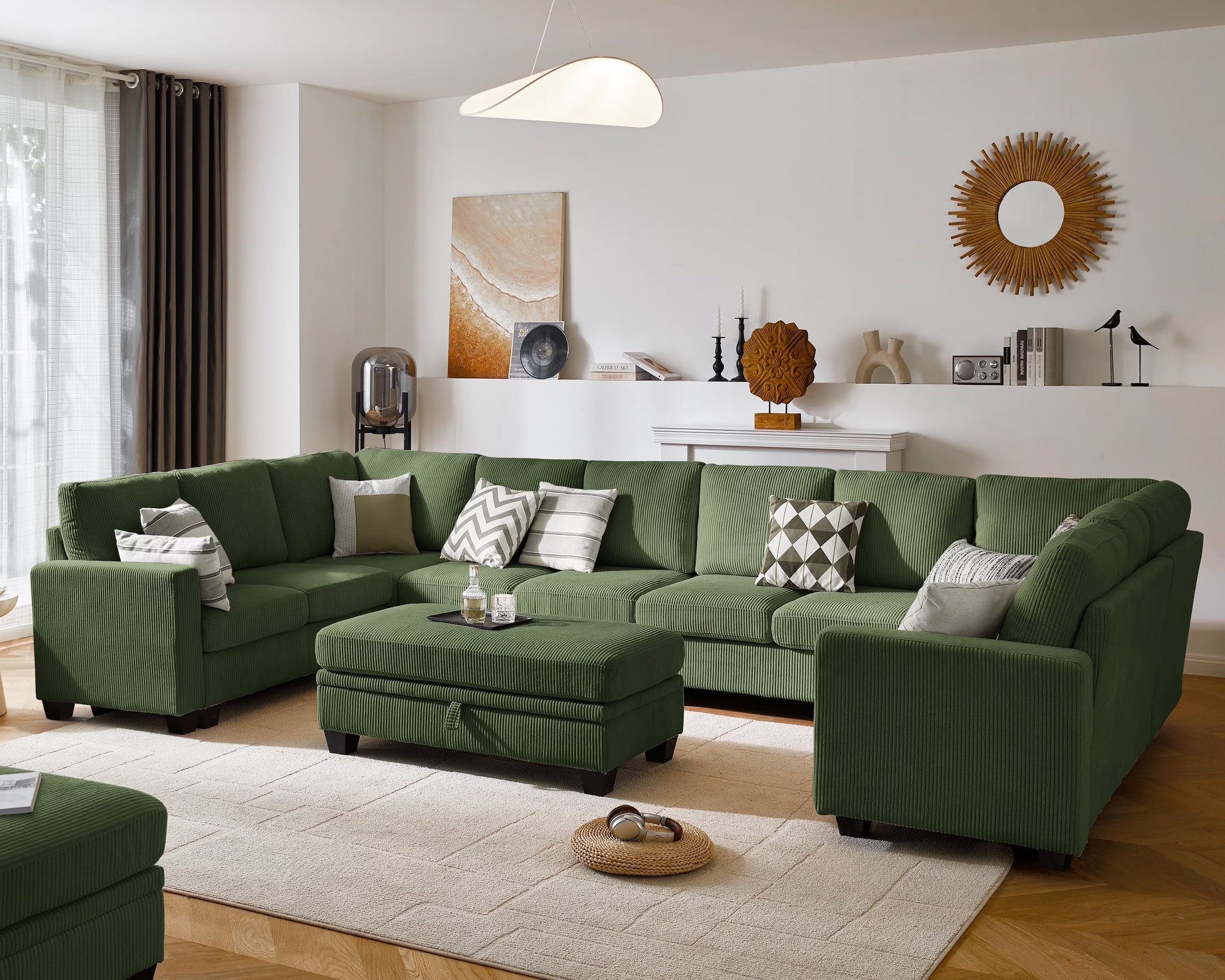 CHIC HOUSE 154.5" Sectional Sofa with Storage Ottoman Chaise, Corduroy U Shaped Sofa Convertible Sectional Couches for Living Room, 12 Seater Corner Modular Sofa with Deep Seat Throw Pillows, Green
