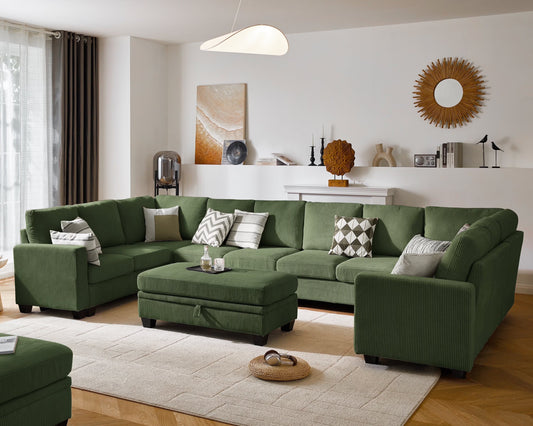 CHIC HOUSE 154.5" Sectional Sofa with Storage Ottoman Chaise, Corduroy U Shaped Sofa Convertible Sectional Couches for Living Room, 12 Seater Corner Modular Sofa with Deep Seat Throw Pillows, Green