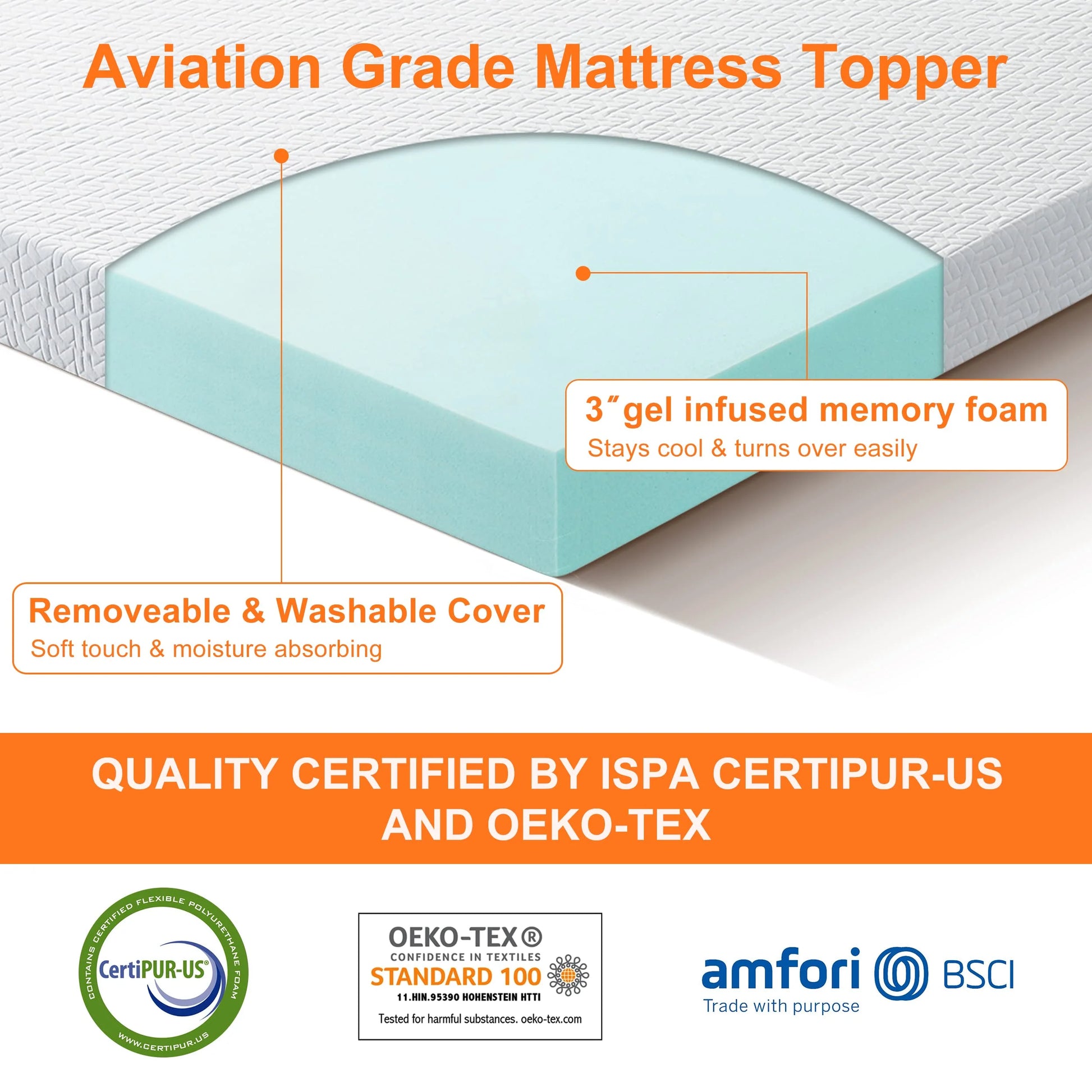 BedLuxury 3" Gel Memory Foam Mattress Topper, King Size - High Density