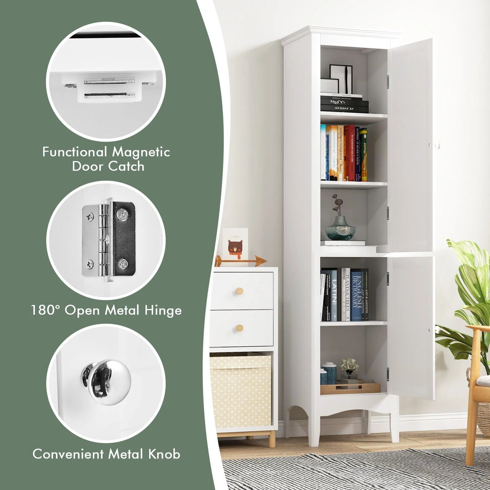 Vicamelia Bathroom Floor Cabinet Narrow Linen Tower w/2 Doors & Adjustable Shelf, Tall Kitchen Pantry Cabinet, White