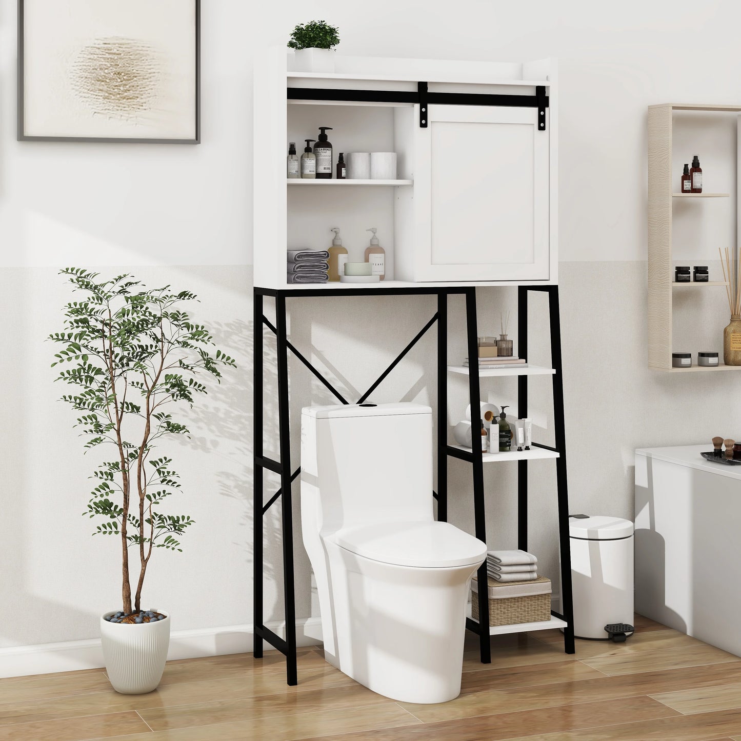 Royard Oaktree Farmhouse Over The Toilet Storage Cabinet, Bathroom Shelves Storage Organizer with Sliding Barn Door, Adjustable Shelves, and Storage Racks, White