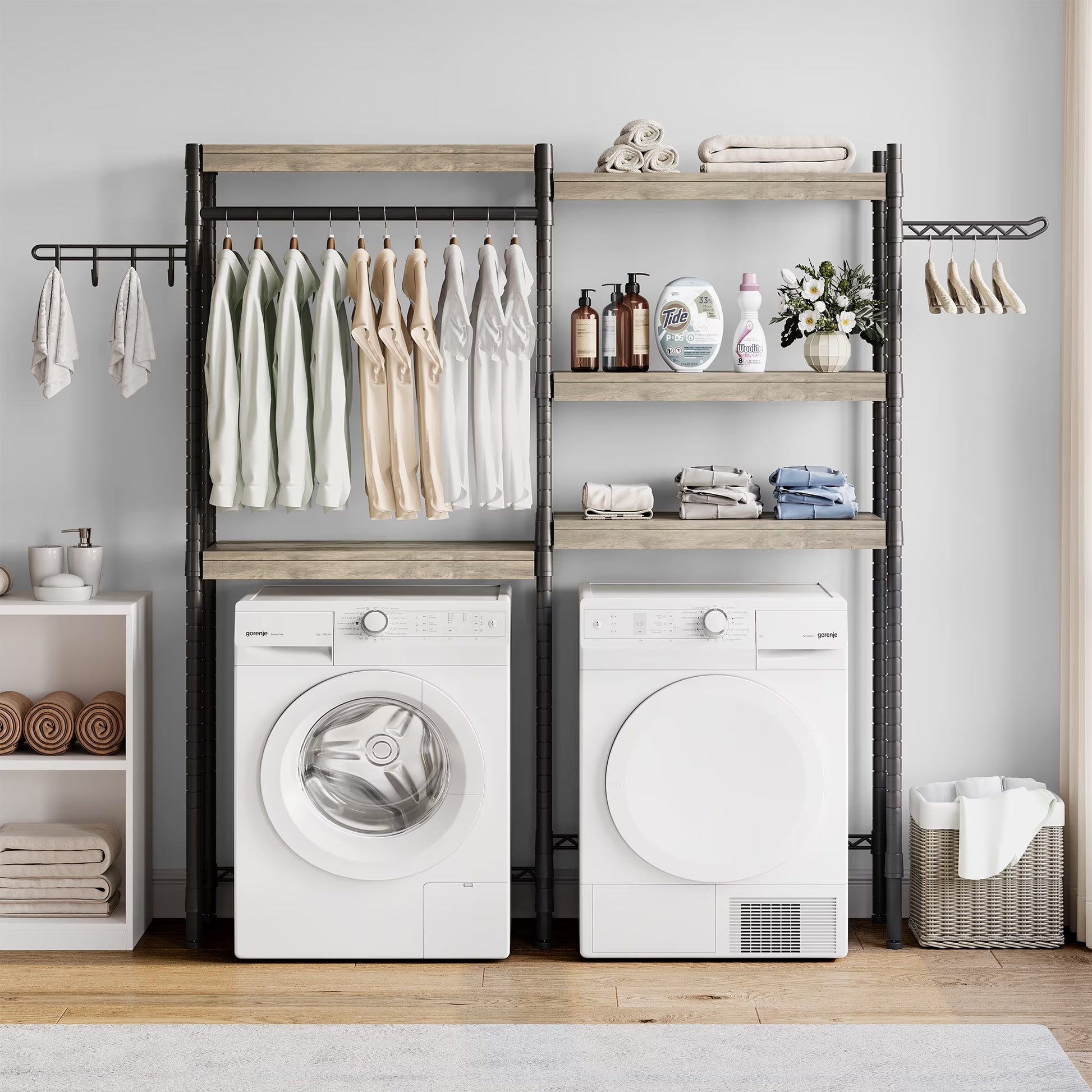 5 Tier Wood Over The Washer and Dryer Storage Shelf, Adjustable Height Laundry Drying Clothes Racks Bathroom Shelf