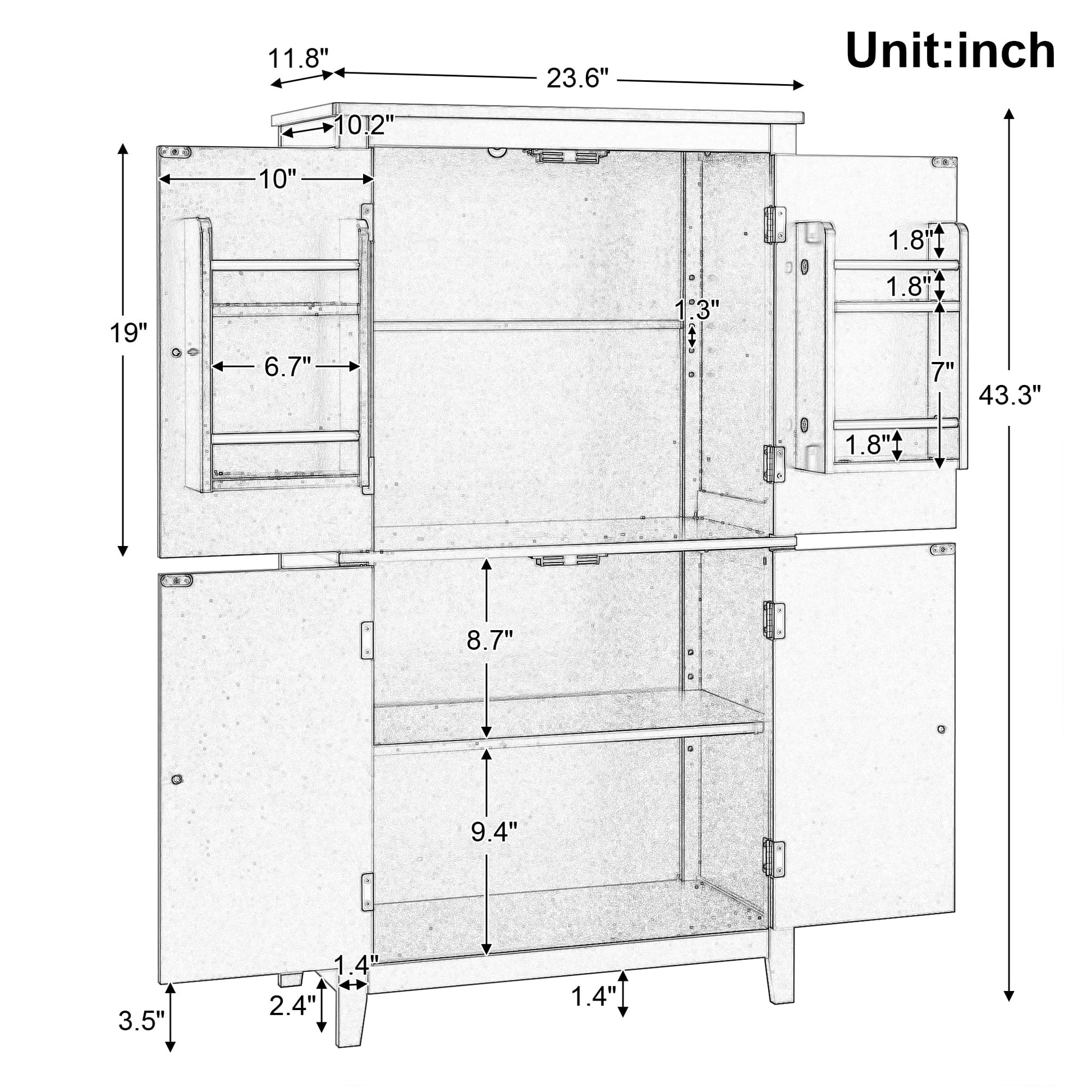 EUROCO Bathroom Floor Storage Cabinet,Bathroom Storage Unit,Freestanding Cabinet with 4 Doors,Adjustable Shelves,Adaptable Shelves,11.8 x 23.6 x 43.3 Inches,White
