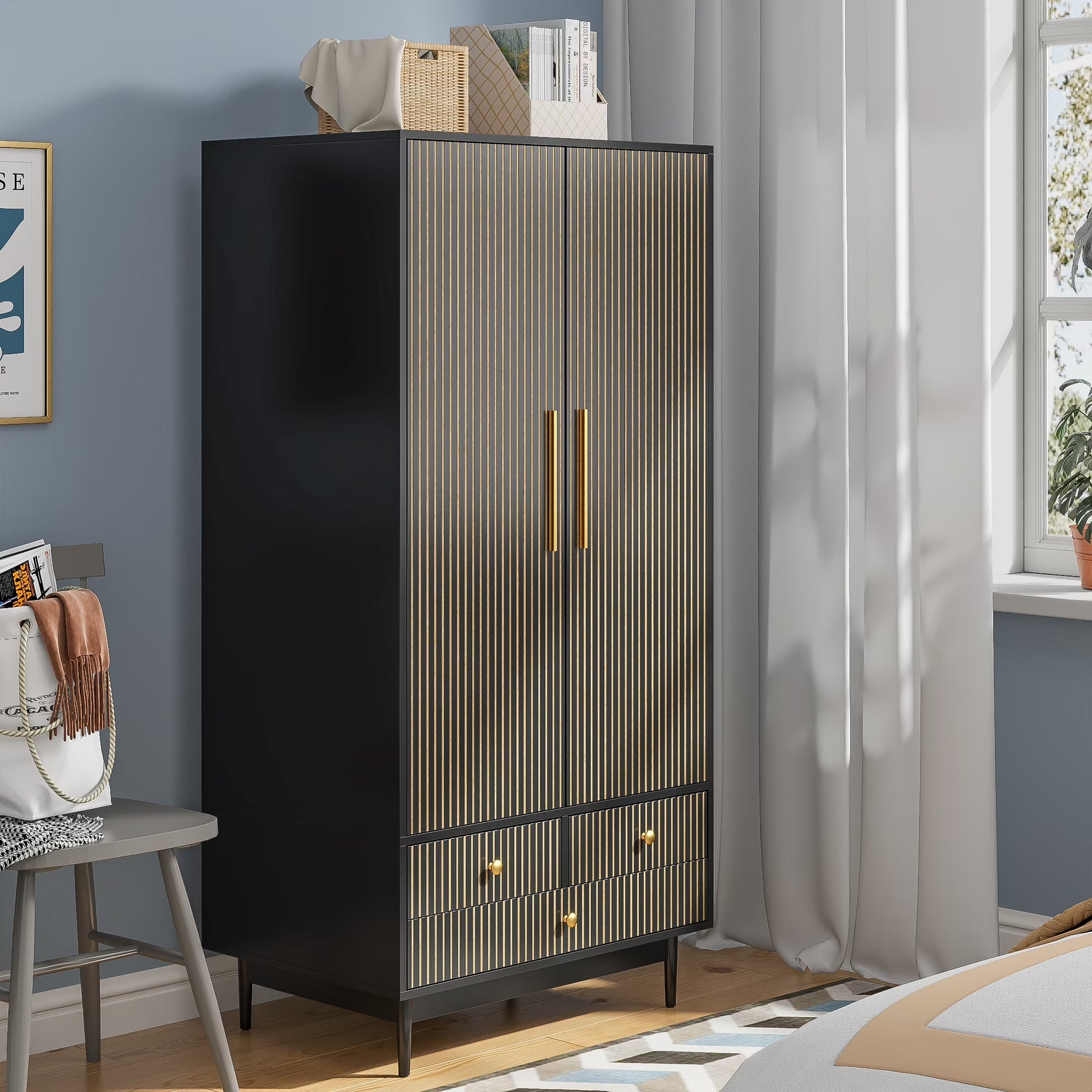 Armoire Wardrobe Closet, Closet Wardrobe Cabinet with Drawers and Hanging Rail for Bedroom, White