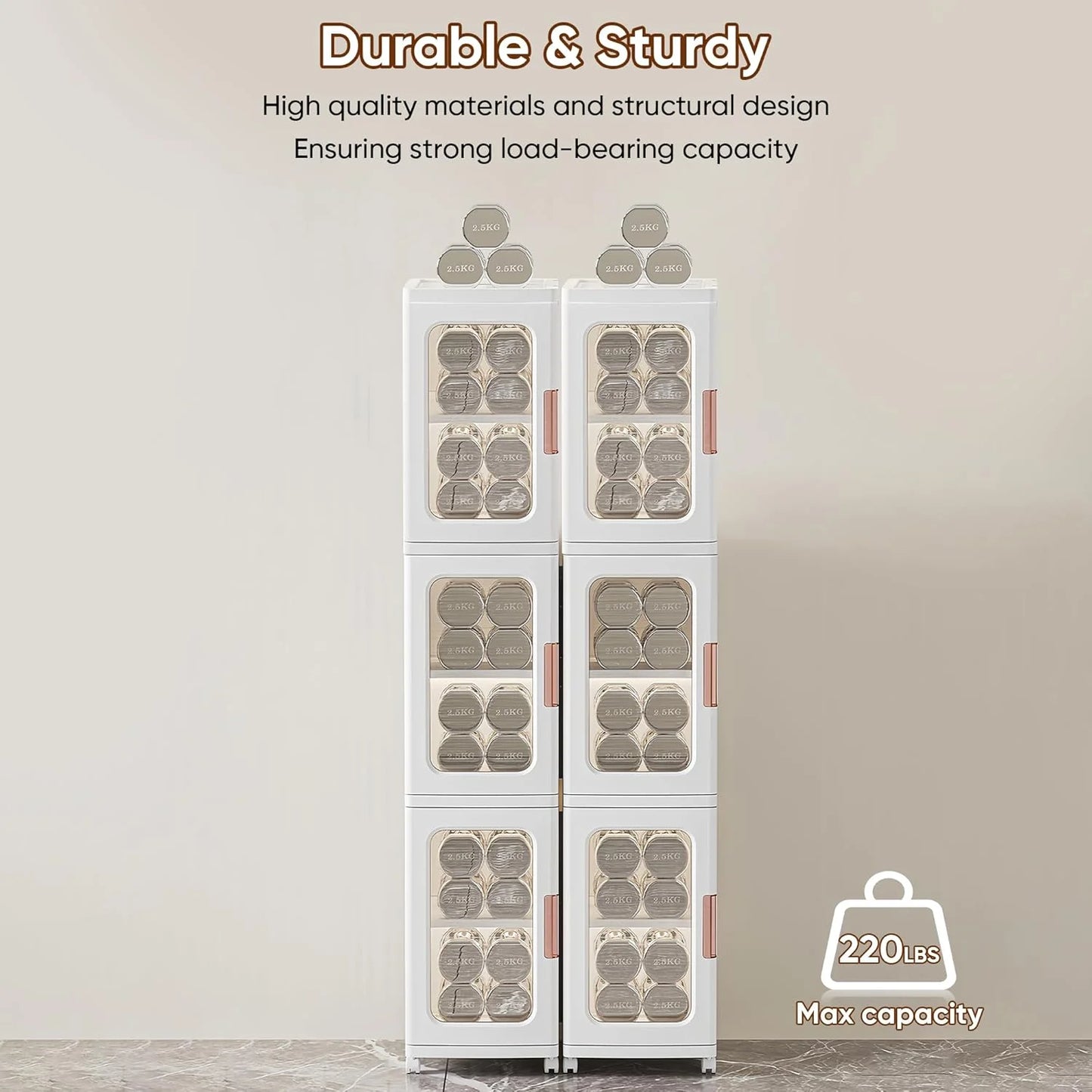Slim Kitchen Pantry Storage Cabinet with Doors and Shelves, 3-Tiers Plastic Narrow Storage Organizer Collapsible for Small Spaces, Bathroom, Living Room, Bedroom, White