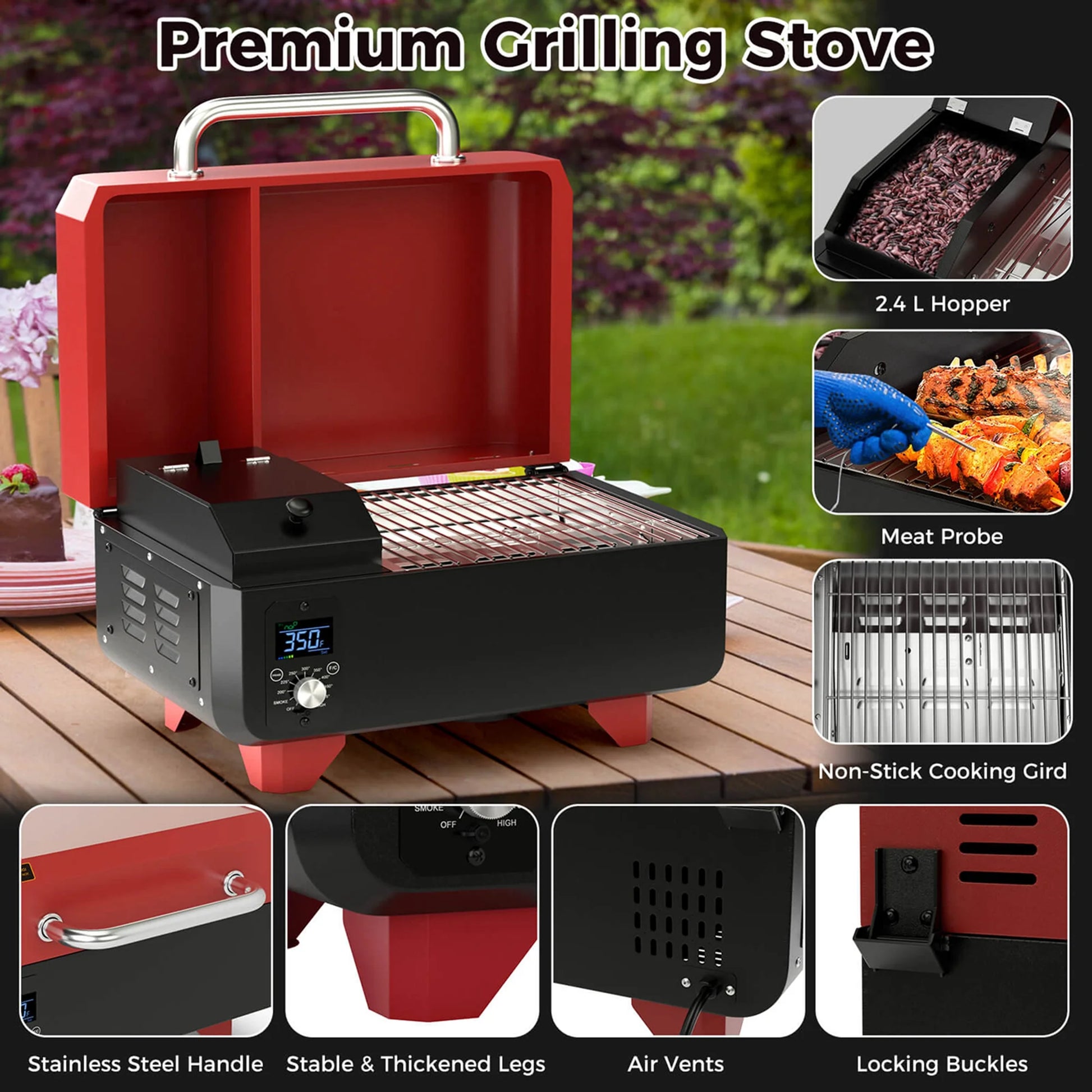 Costway 8-in-1 Portable Pellet Grill with Digital Control Meat Probe Detachable Ash Pan Red