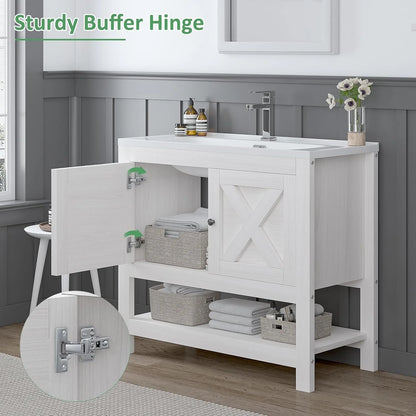 DreamCurship Bathroom Vanity with Sink Combo, 35'' Bathroom Storage Cabinet with Storage, Farmhouse Bathroom Vanity Cabinet with 2 Doors and Open Shelf, White