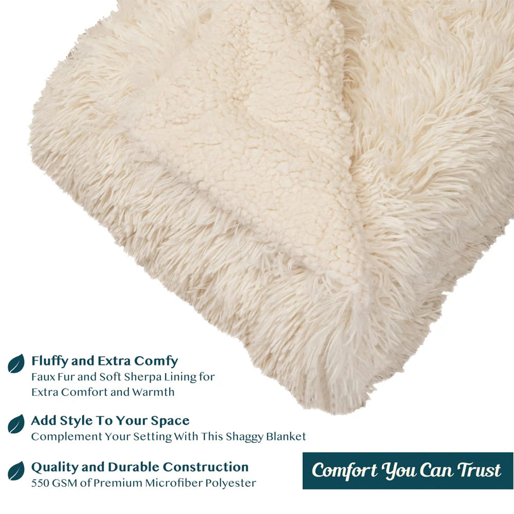 PAVILIA Soft Fluffy Faux Fur Bed Blanket, King, Cream Beige, Shaggy Furry Warm Sherpa Blanket Fleece Throw for Sofa, Couch, Decorative Fuzzy Plush Comfy Thick Throw Blanket, 90x108