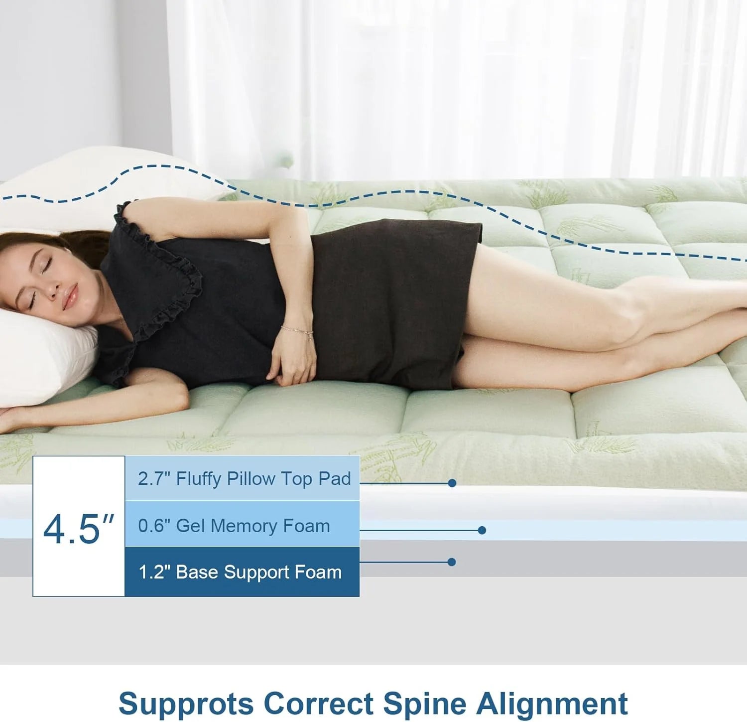 Dual Layer Cooling Mattress Topper Queen Size Memory Foam, 4.5 Inch Pillow Top Mattress Topper (2.7" Extra Thick Soft Plush Mattress Pad &1.8" Gel and Firm Foam for Back Pain)
