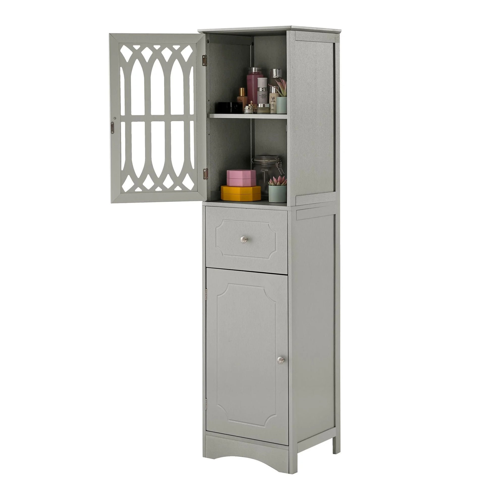 DEALTOPS Modern Bathroom Cabinet with Drawer and 2 Cabinets, Slim Freestanding Storage Cabinet with adjustable shelf for Bathroom - Gray