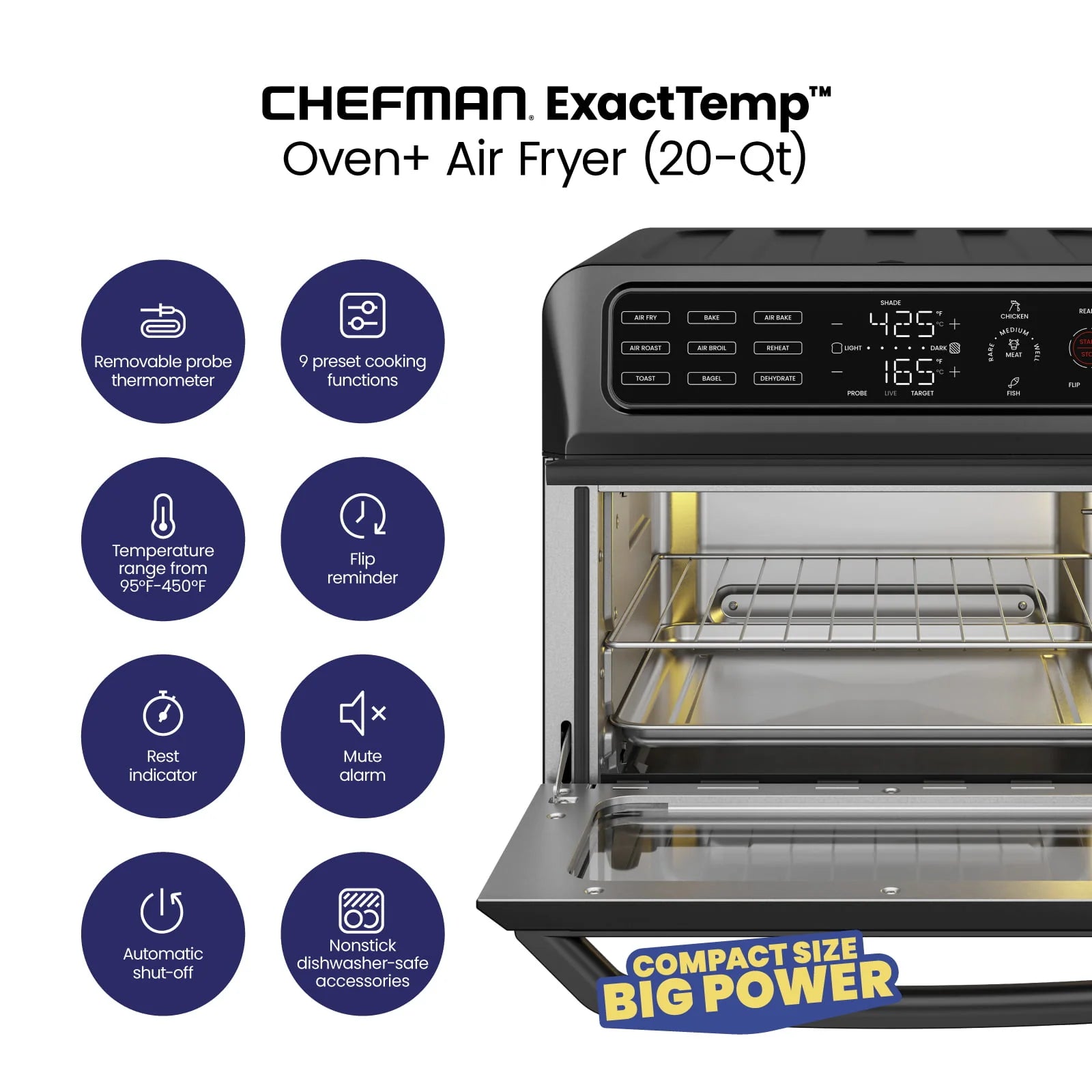 Chefman 12-in-1 Air Fryer Oven Combo w/Probe Thermometer, 20 qt Capacity, Black Stainless Steel